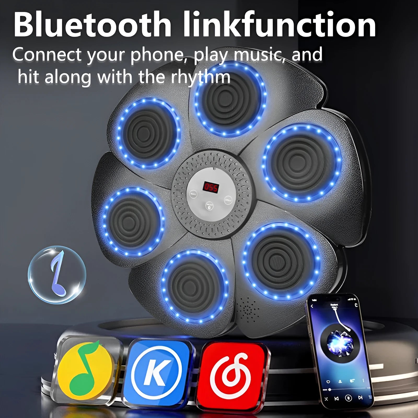 Black smart boxing wall target with LED lights and half-finger gloves for indoor training