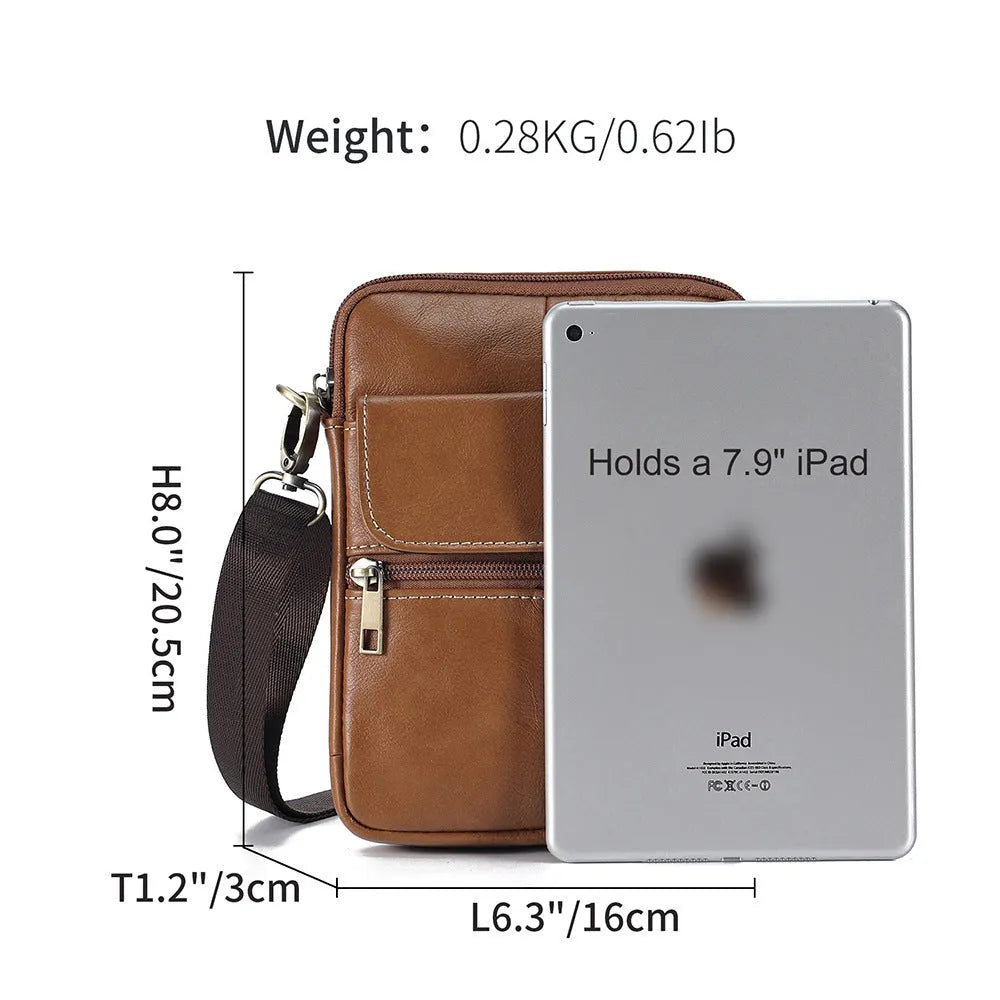 Men's brown genuine leather crossbody shoulder bag with shoulder strap and sewing line detailing