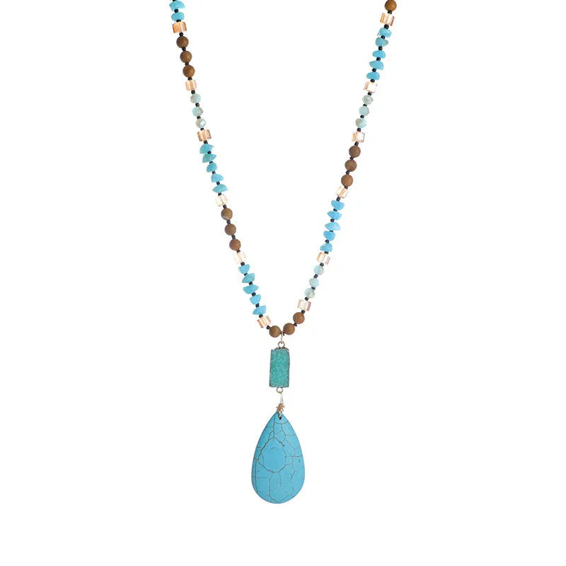 Turquoise blue water drop pendant necklace with heart shape design on mixed material ball bead chain