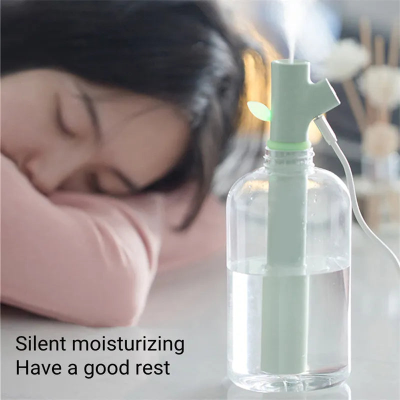 Transparent mini USB humidifier with water bottle design showing adjustable mist output