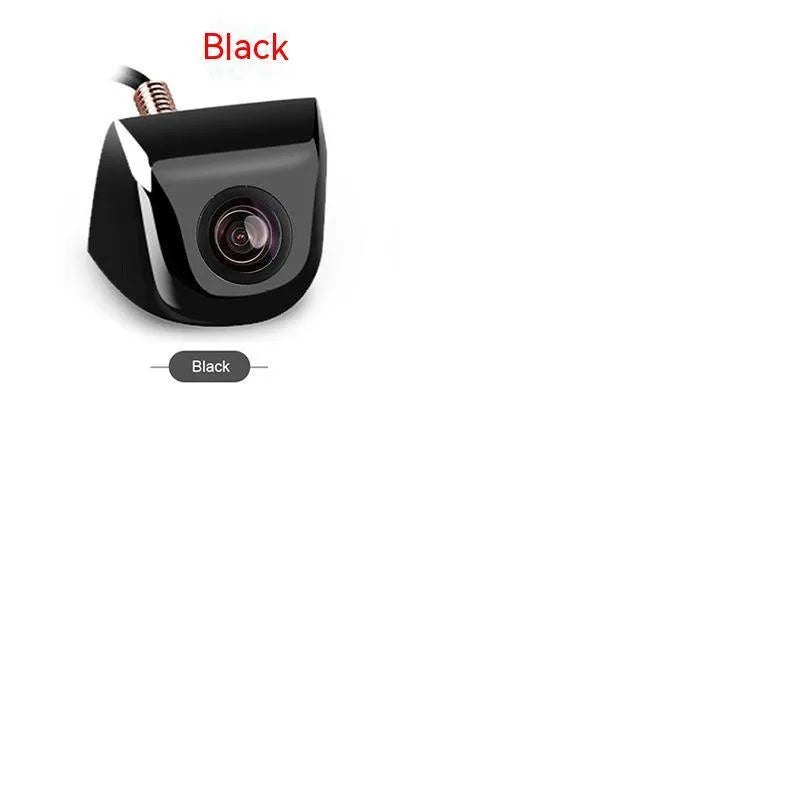 Screw plug-in HD car rearview camera with metal shell in black, shown with cable and mounting screws.