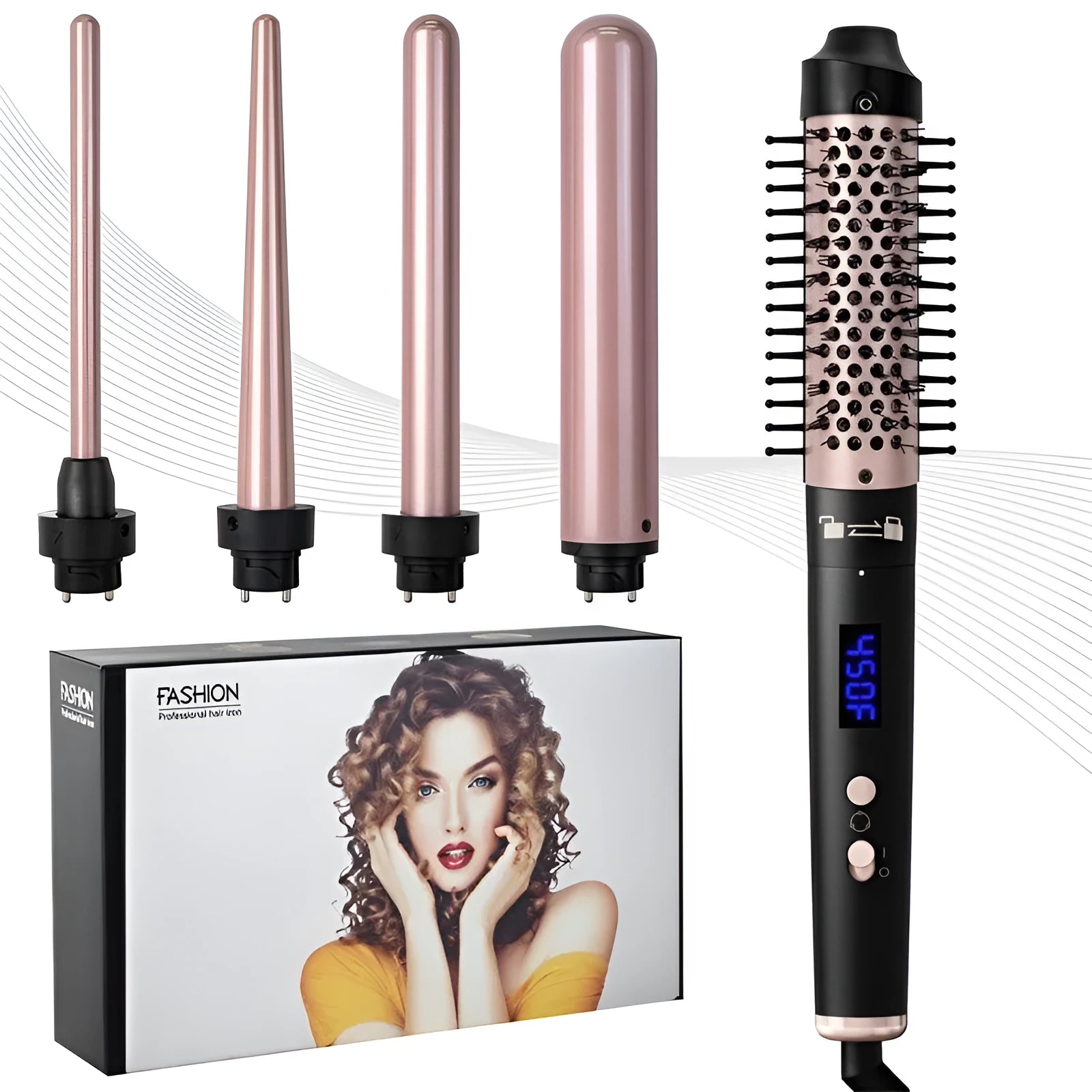 Automatic large wave hair curler in rose gold or black with three headbands for styling