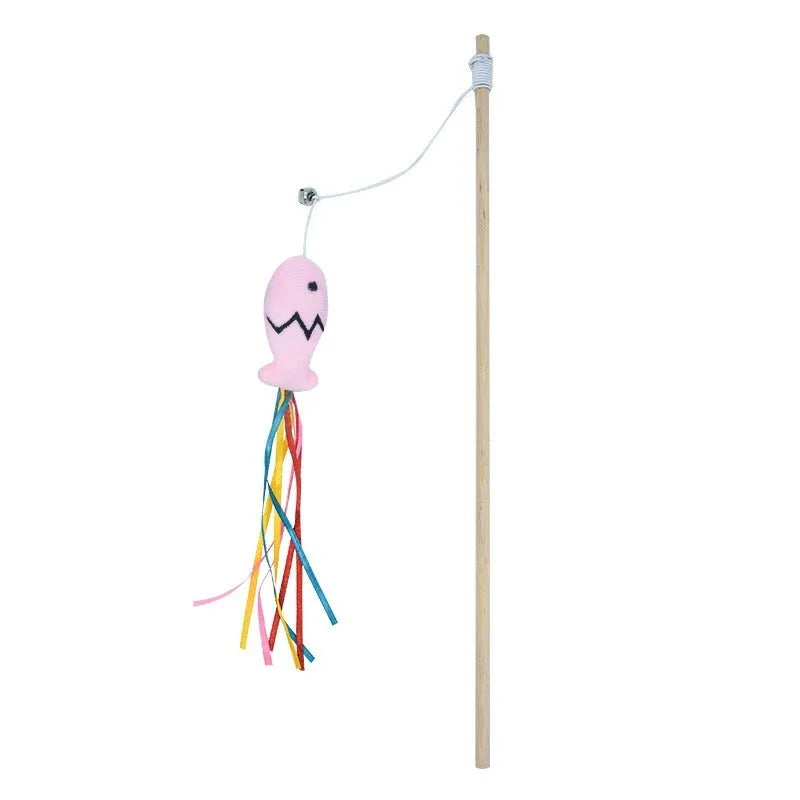 Cat wand toy with wooden handle, elastic rope, colourful ribbons, catnip fish, and bell attachment