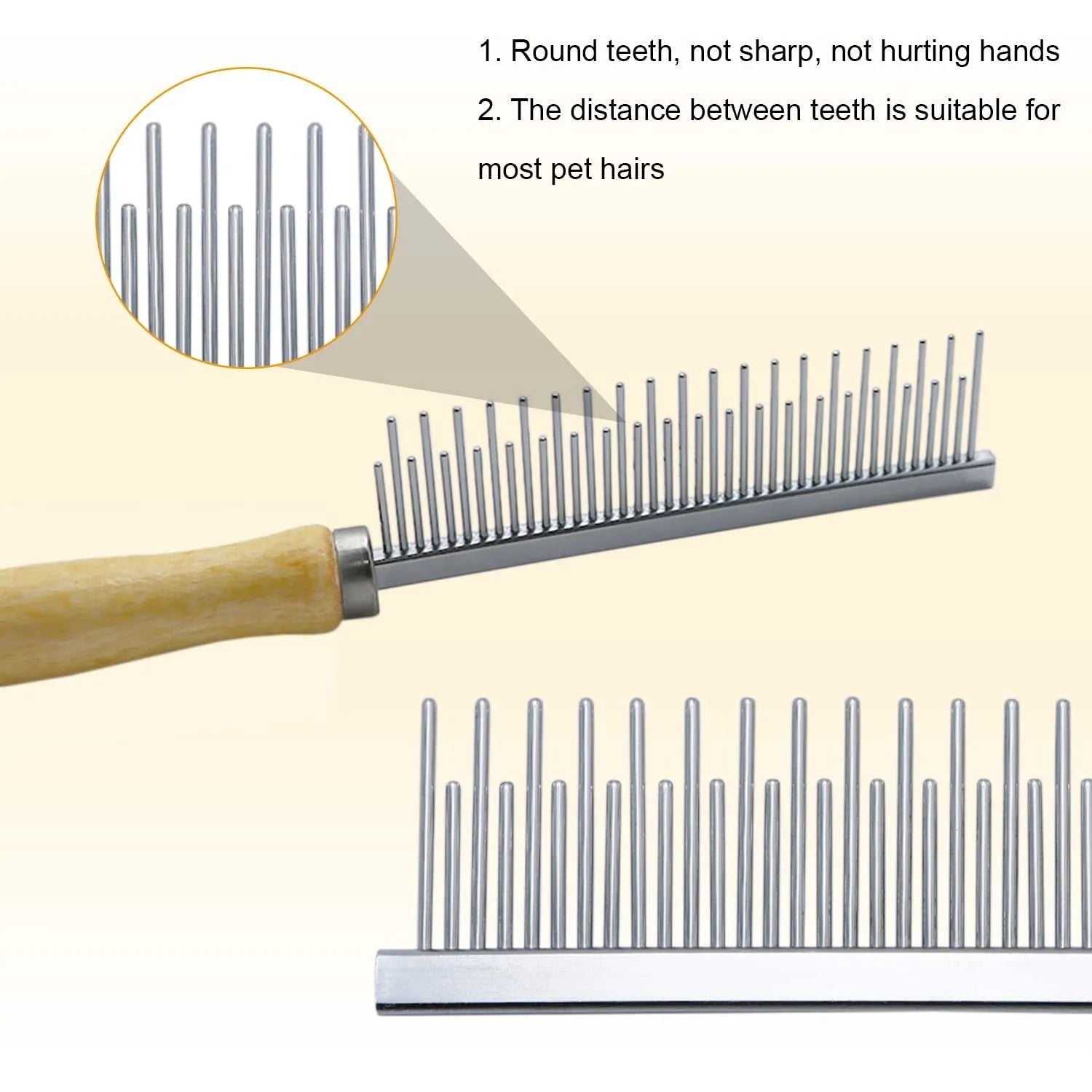 Wooden handle pet grooming comb for dogs and cats with round teeth