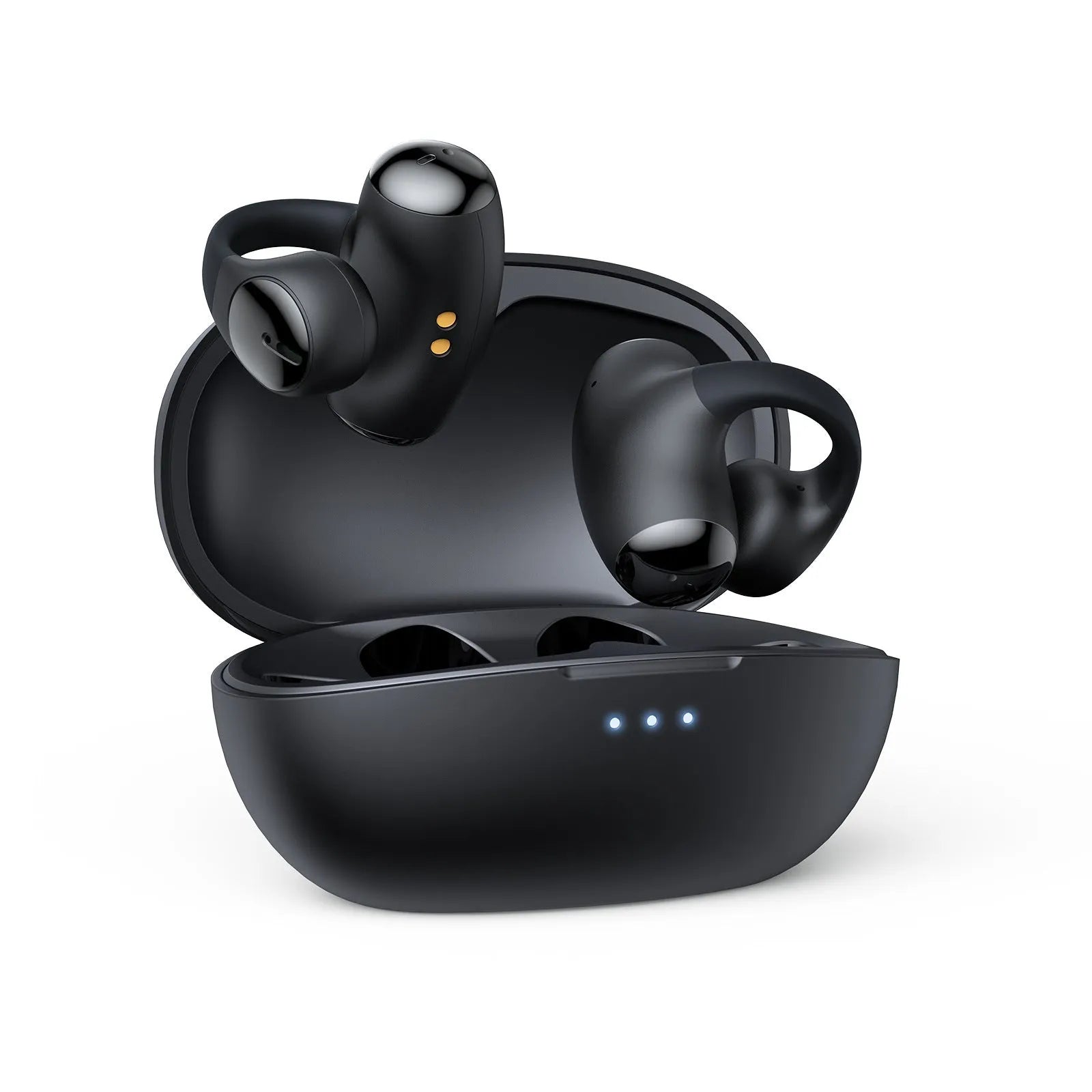 Black T306 wireless clip-on Bluetooth sports headset shown on a grey background.