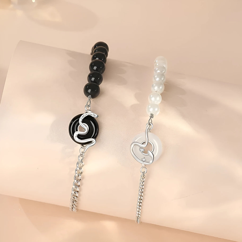 925 sterling silver couple bracelet with obsidian pearl and snake zodiac motif