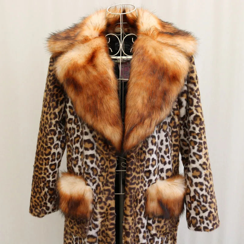 Long leopard print artificial fur jacket for women, shown as a full-length coat.