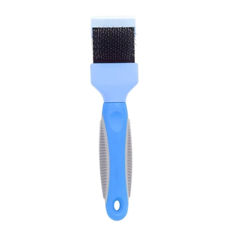Blue double sided pet brush for dogs with stainless steel pins on a white background