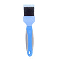 Blue double sided pet brush for dogs with stainless steel pins on a white background