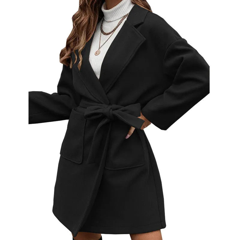 Men's loose fit belted polyester coat with lapel collar and button front in light blue