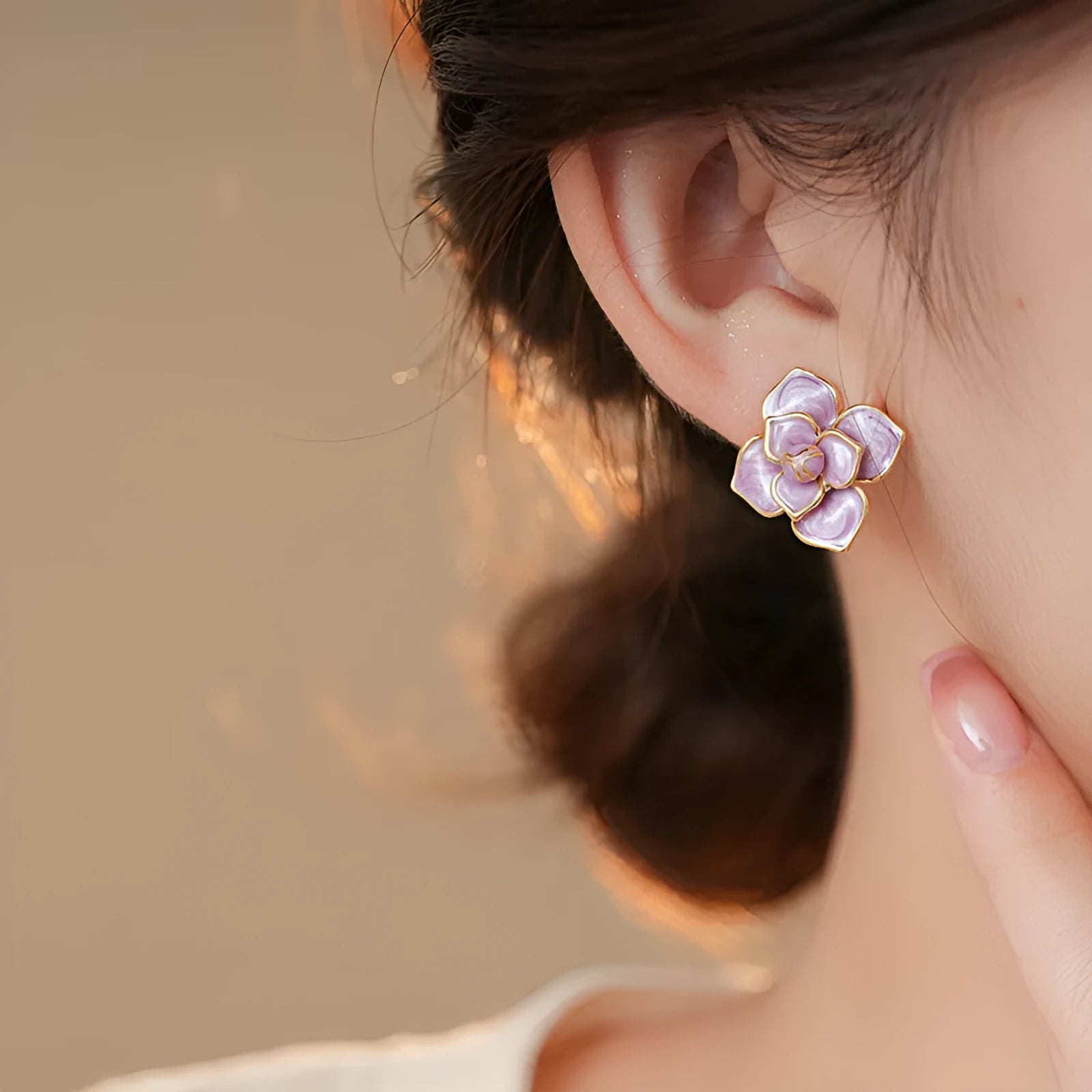 Gold-plated purple flower stud earrings with oil-spot glaze effect on copper material