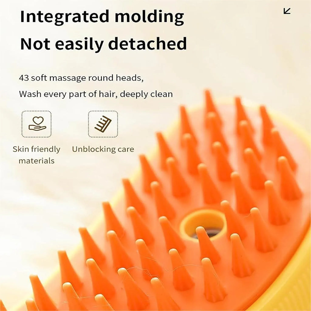 Green and yellow rechargeable cat steam brush with silicone round teeth and cat paw-shaped ends