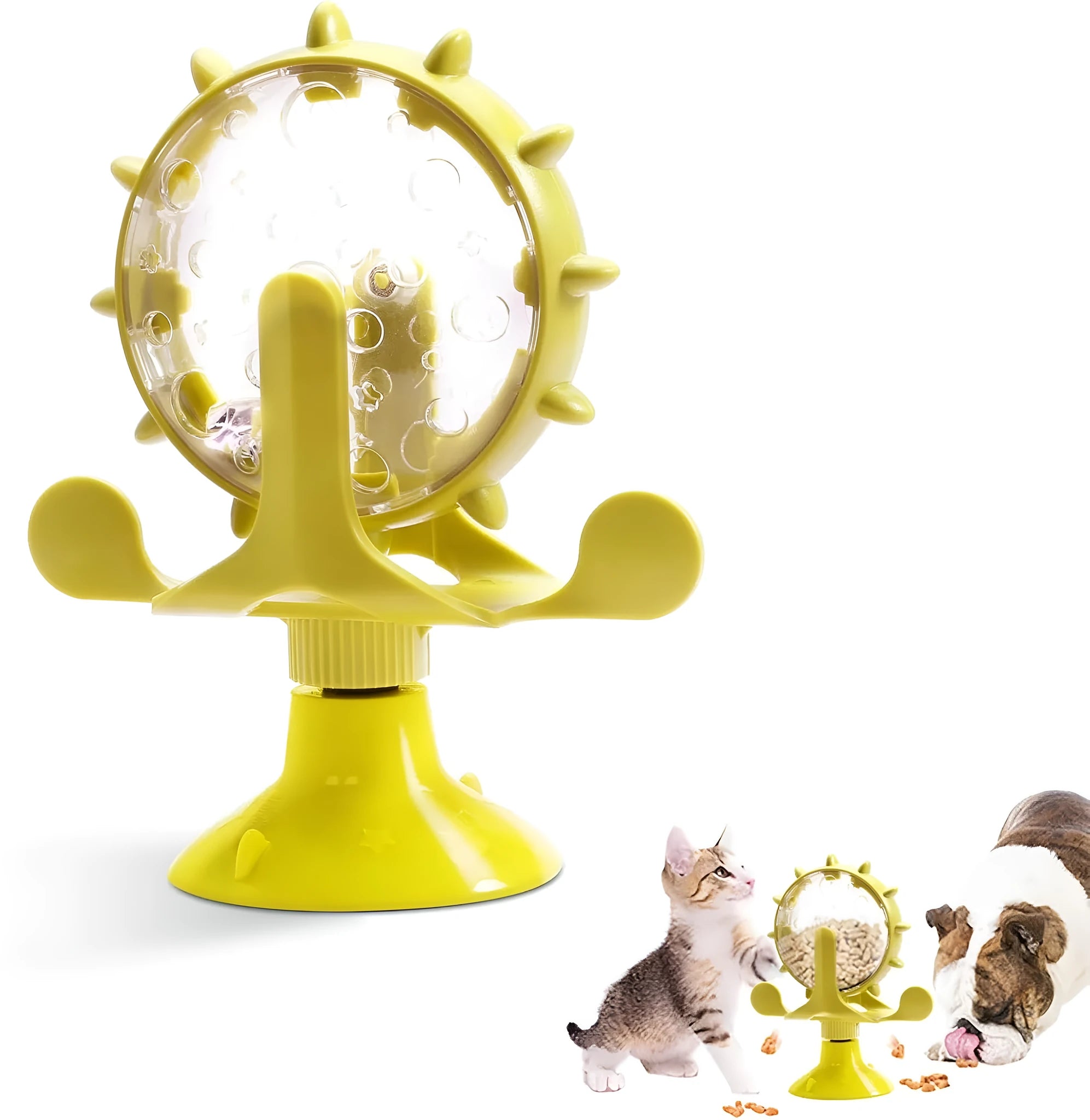 Blue interactive pet puzzle toy with spinner and suction cup base for cats and small dogs.