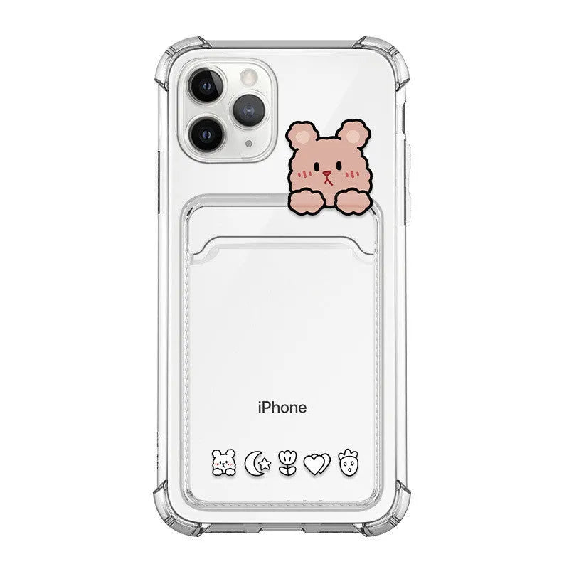 Clear cartoon printed iPhone case with card holder slot on the back.