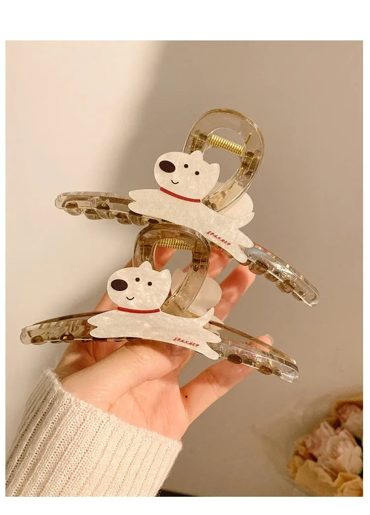 Cartoon puppy design hair barrettes in beige and brown colours, showing 13cm and 8cm size options