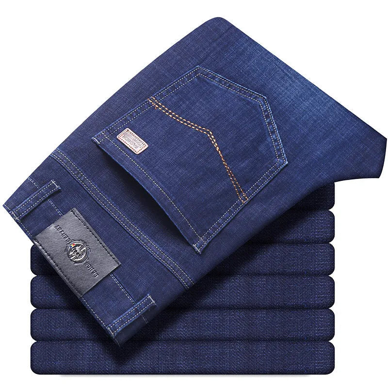 Woman wearing loose fit high elasticity straight-leg jeans in K276 blue.