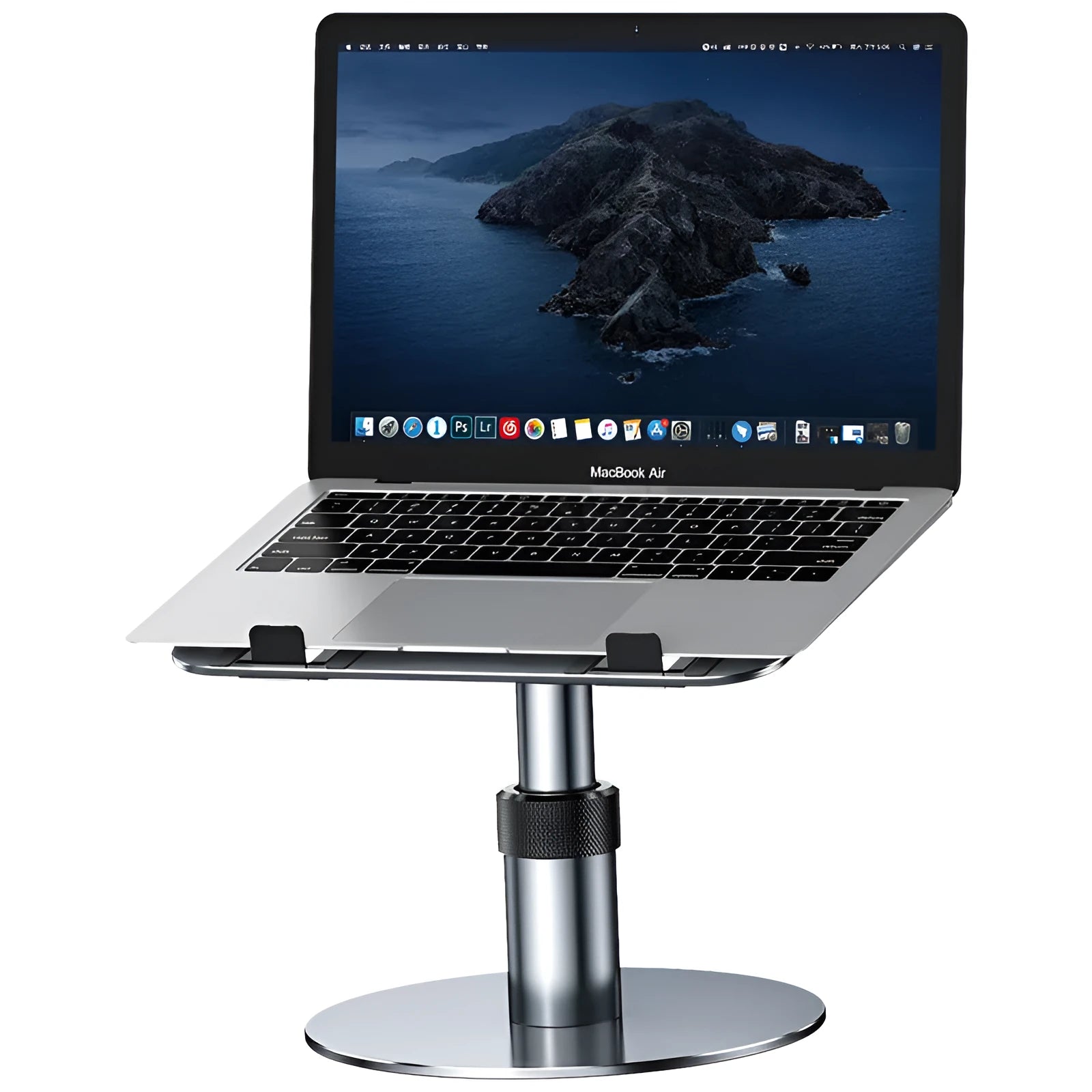Silver adjustable aluminium alloy car laptop stand with rotating base on a car seat