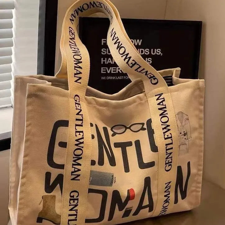 Large canvas shoulder tote bag with printed lettering or pattern design options
