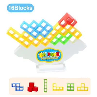 Plastic balance stacking board game with 16 colourful blocks on a chassis and base