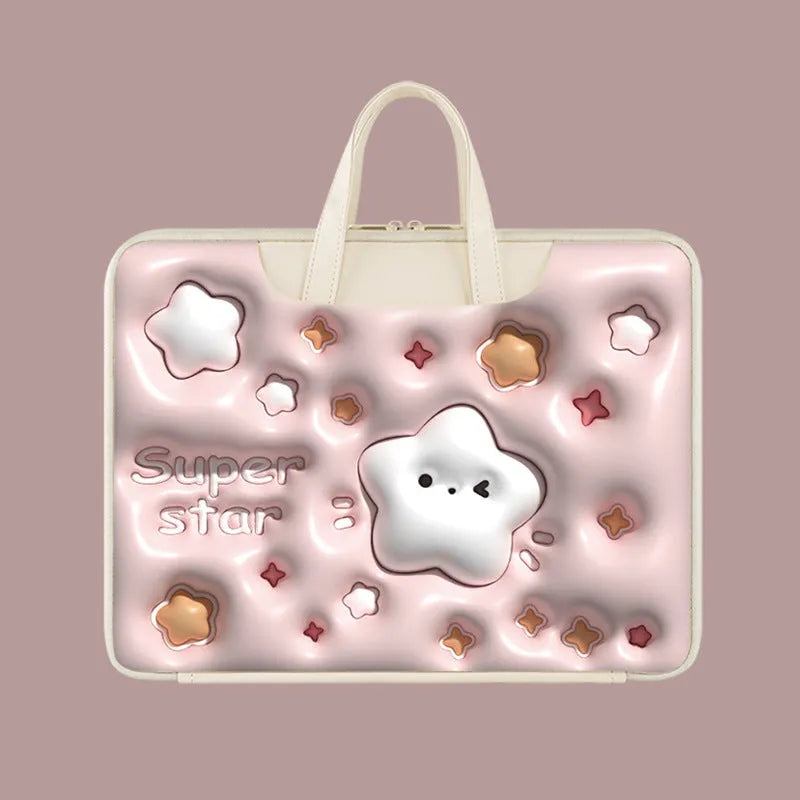Inflatable laptop bag in a cute panda design with a strap for attaching to a suitcase handle.