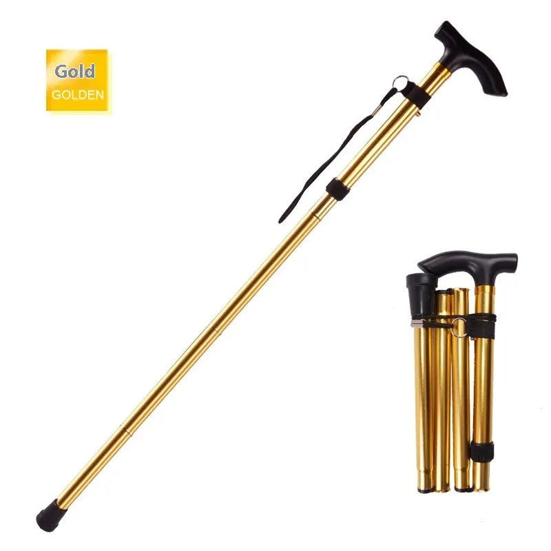 Aluminium folding walking stick adjusted to mid-length, showing non-slip rubber tip.