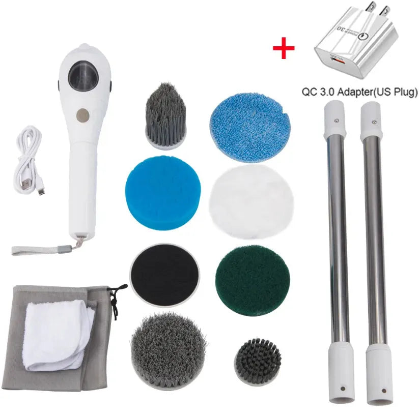 White handheld cleaning ball with lithium rechargeable battery and cleaning brush attachment