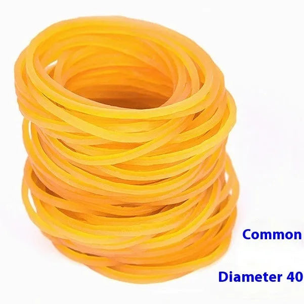 500g pack of bright yellow rubber bands showing assorted sizes from 25mm to 70mm diameter.