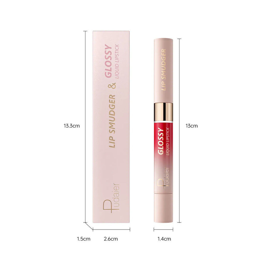 Double-headed lipstick case showing matte finish on one end and lip gloss on the other