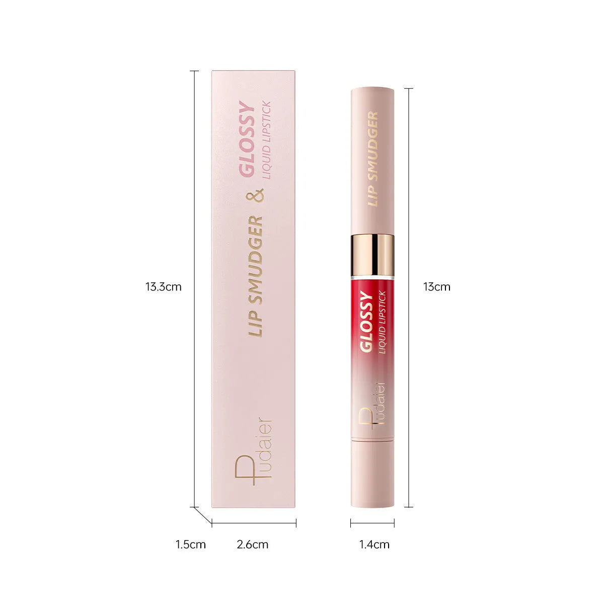 Double-headed lipstick case showing matte finish on one end and lip gloss on the other