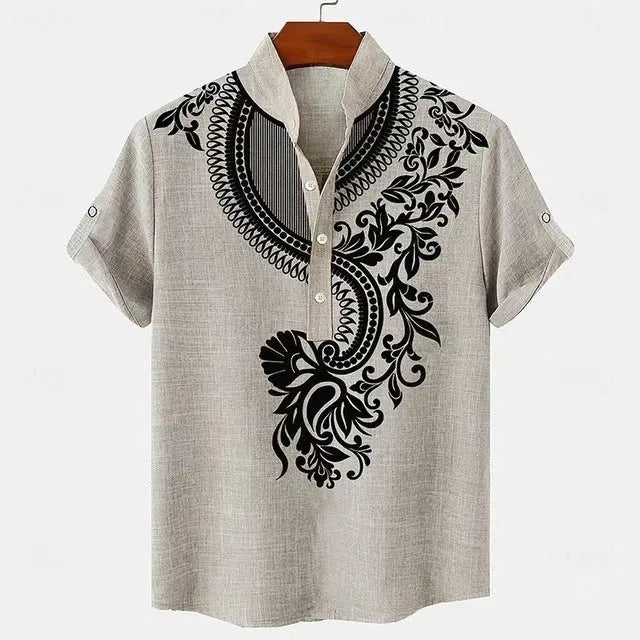 Men's striped casual linen shirt with personalised buttons on a hanger, shown in a loose fit.