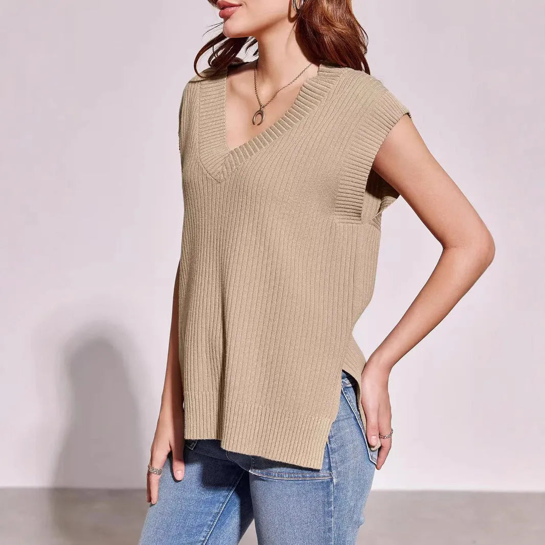 Women's camel coloured V-neck sleeveless pullover vest with loose fit and folding details