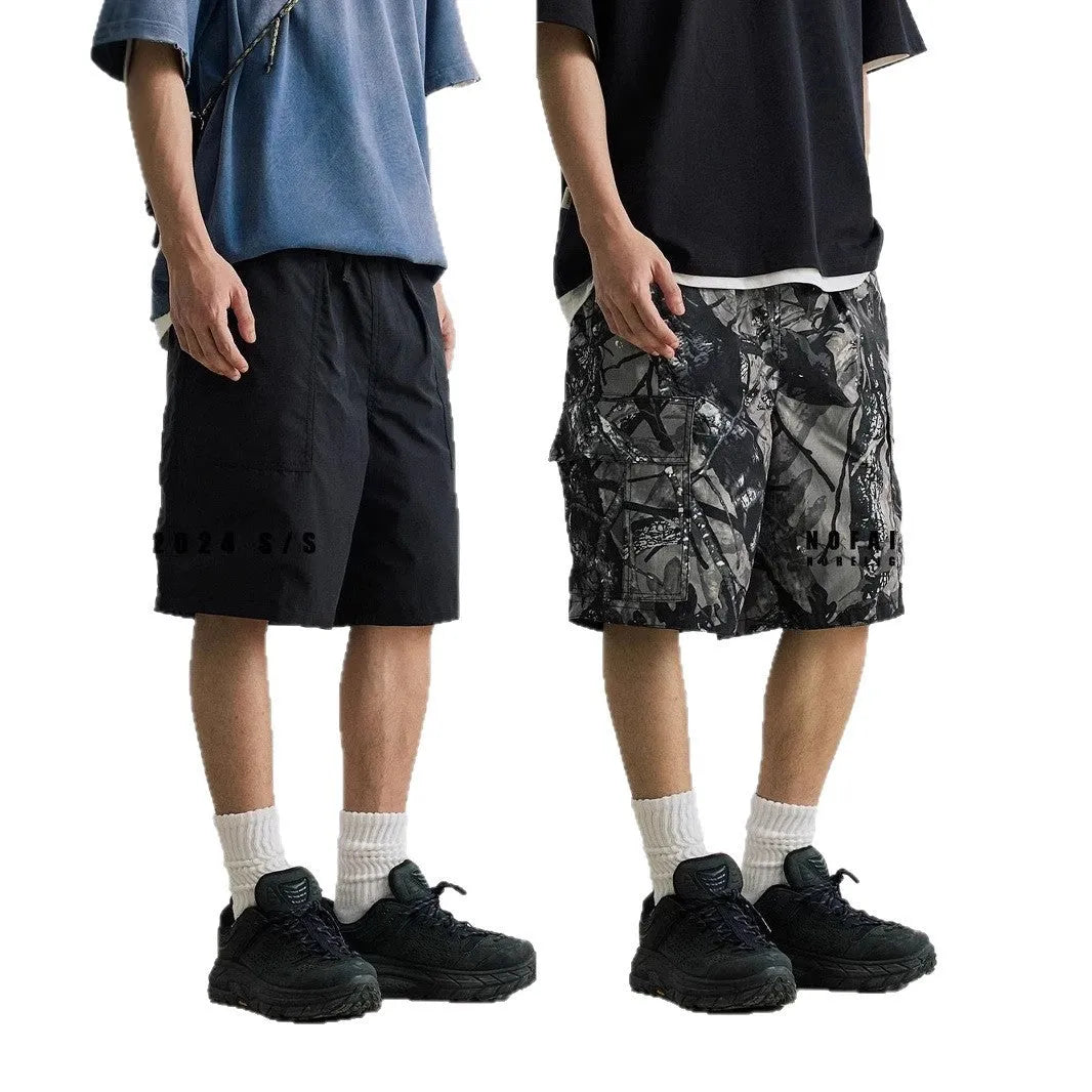 Men's loose casual straight-leg denim shorts in black and army green colours