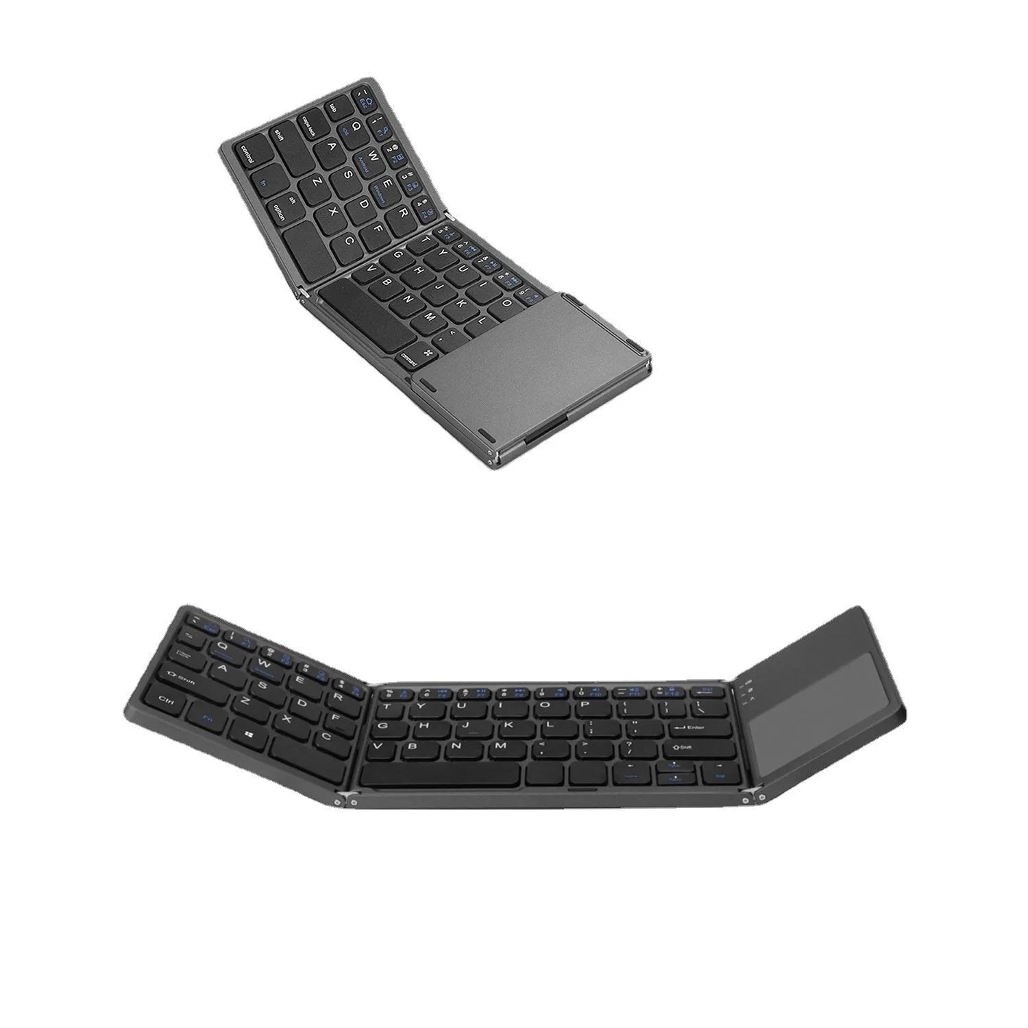 Black mini tri-fold Bluetooth keyboard unfolded next to a tablet, showing its compact size.