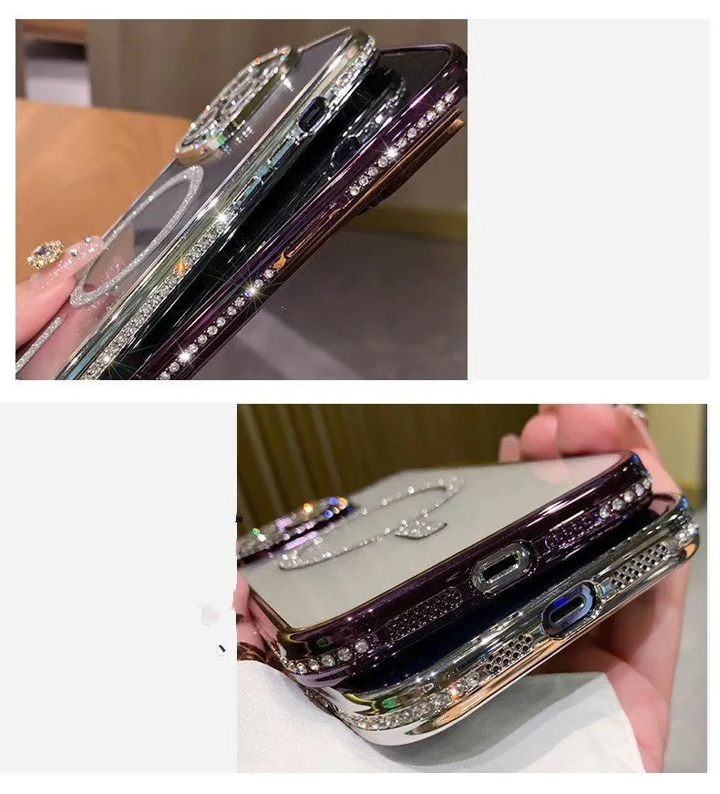Wireless magnetic iPhone case with electroplated finish in deep purple, rose gold, space silver, and yuanfeng blue