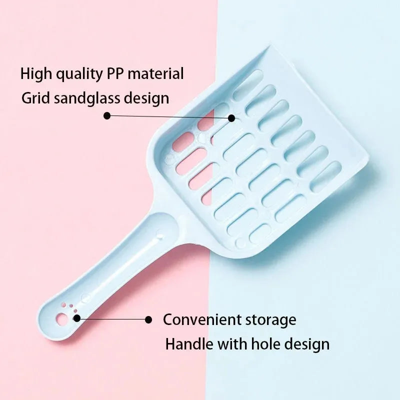 Blue plastic cat litter scoop on a white background, showing its size and sifting holes.