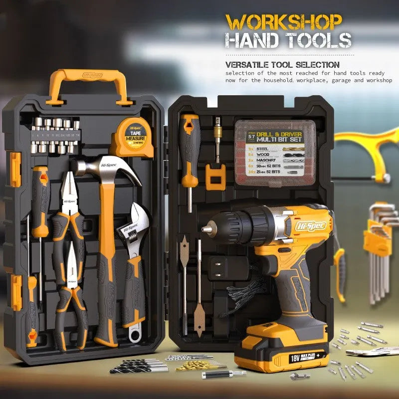 Grey-yellow toolbox open to show 82-piece chrome-vanadium steel tool set for furniture installation.