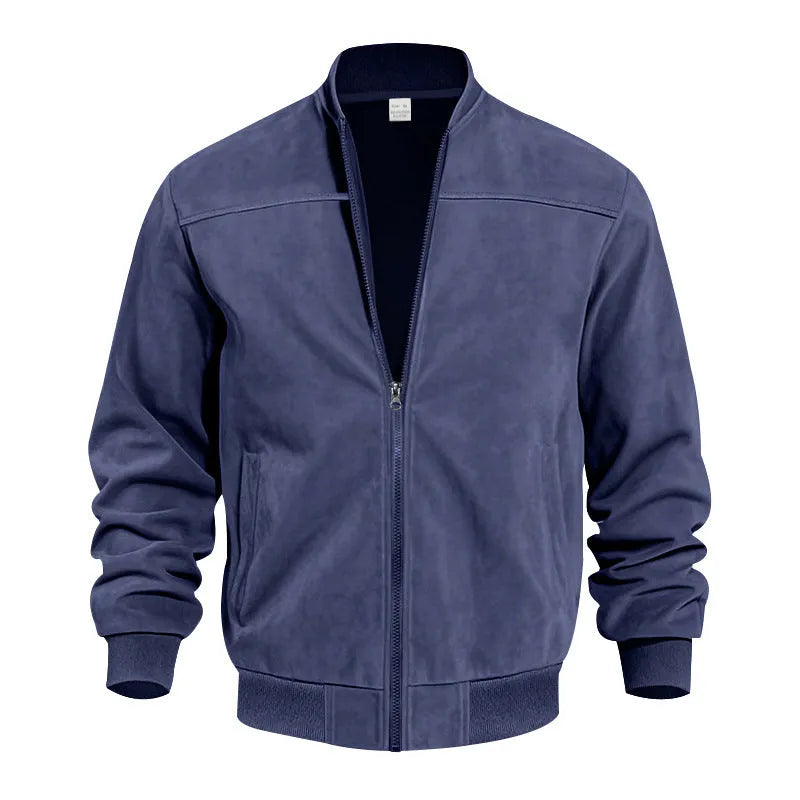 Men's plus size suede zip-front jacket in army green on a hanger