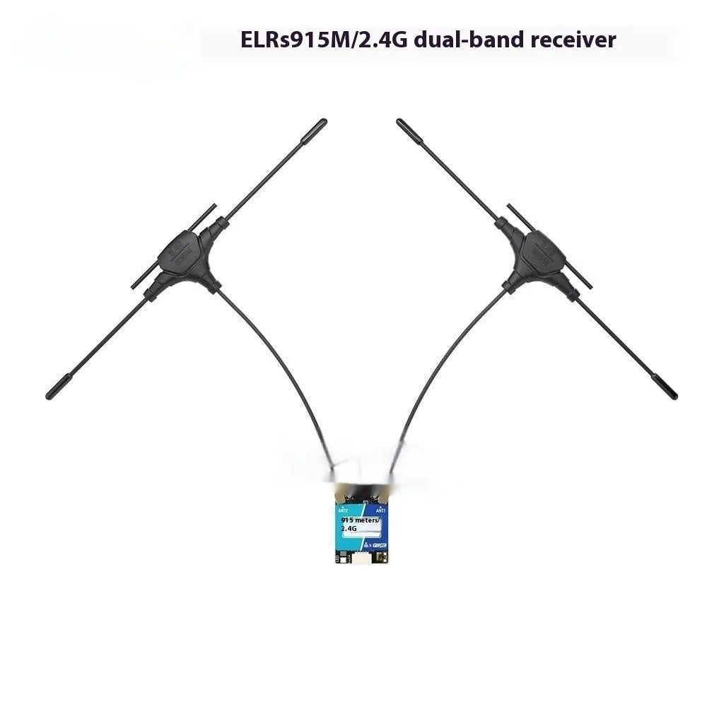 FPV drone dual-frequency ELRS receiver kit with metal base, Gemini X module, and two T-shaped antennas.