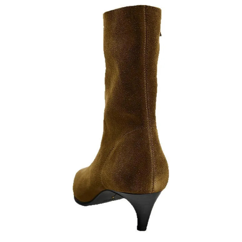 Brown women's square toe ankle boots with a side zip and mid kitten heel on a waterproof platform sole.