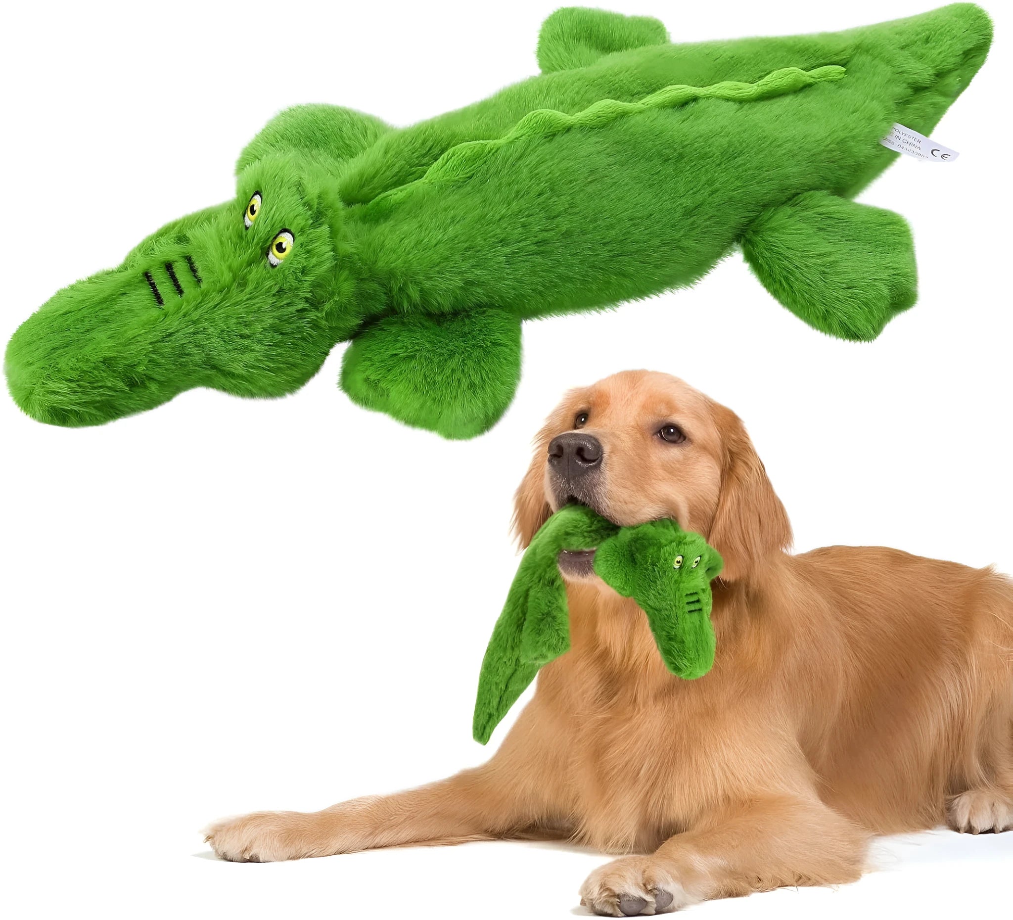 Dark green crocodile-shaped no-stuffing plush dog toy with squeaker and crinkle sound elements