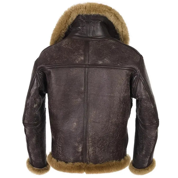 Men's brown retro western style synthetic leather fur coat with straight hem