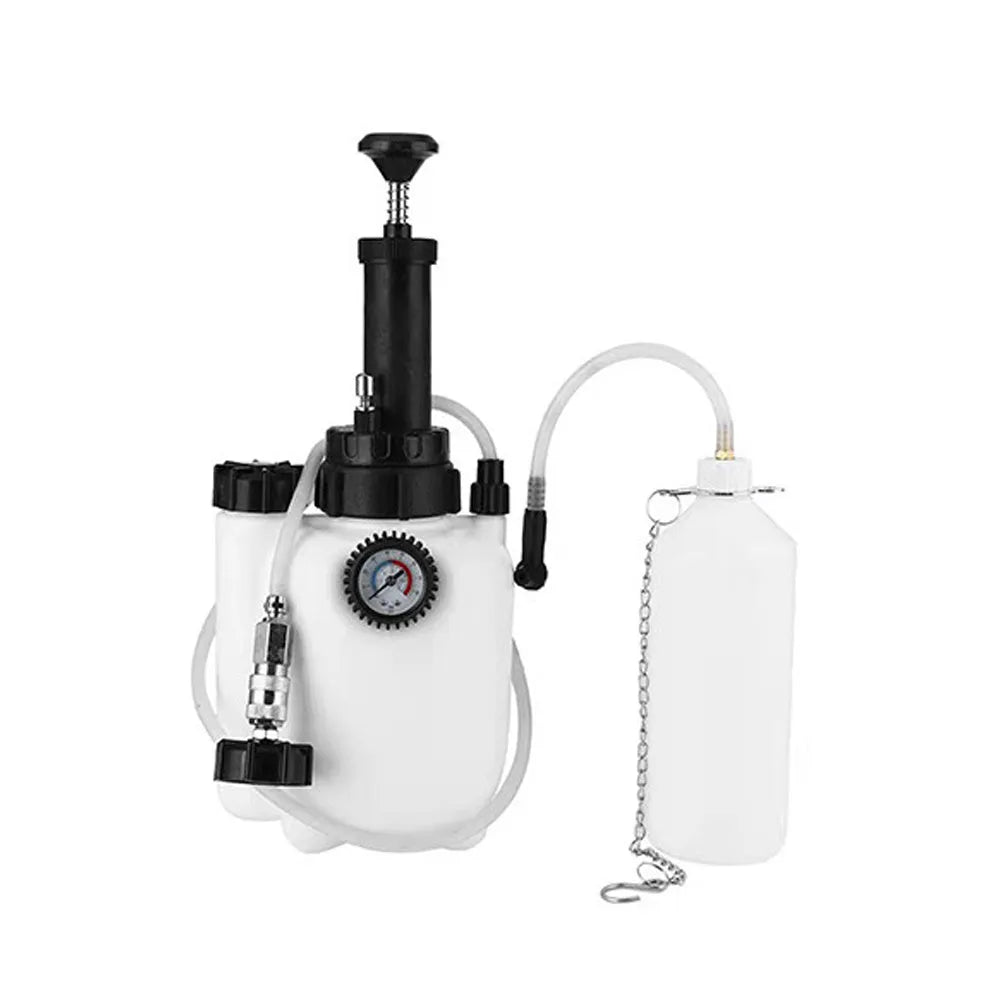 White 3-litre brake fluid bleeder kit with copper fittings and iron pump for car maintenance.