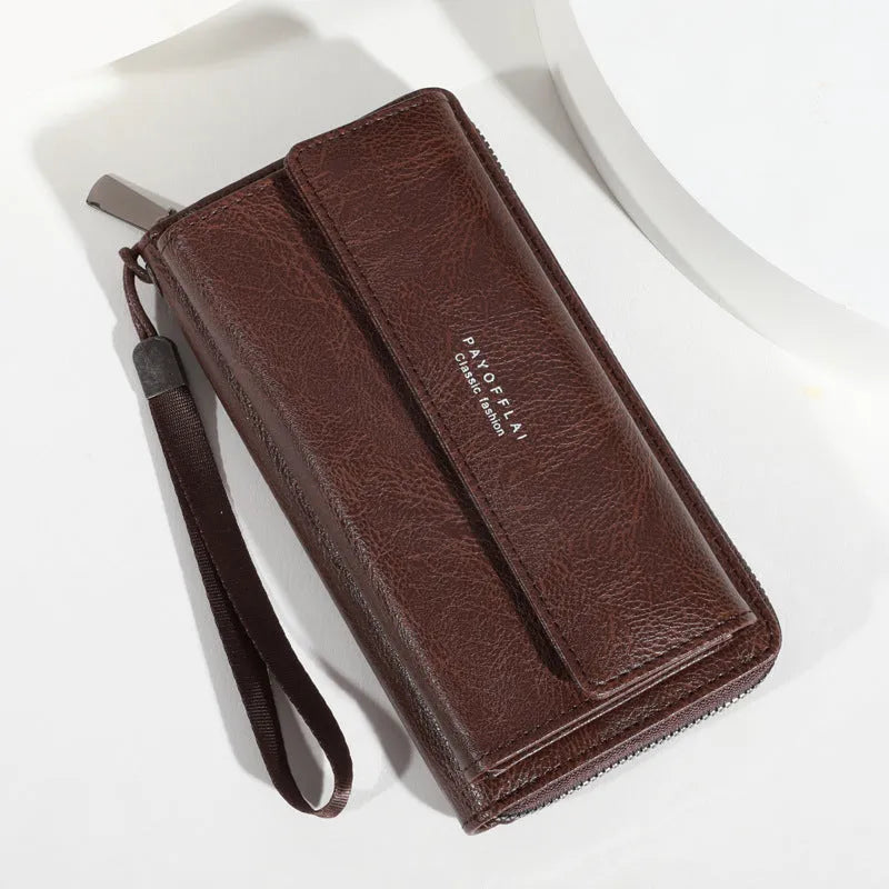Men's long black PU leather wallet showing multiple card slots, laid flat to show 19cm length
