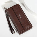 Men's long black PU leather wallet showing multiple card slots, laid flat to show 19cm length