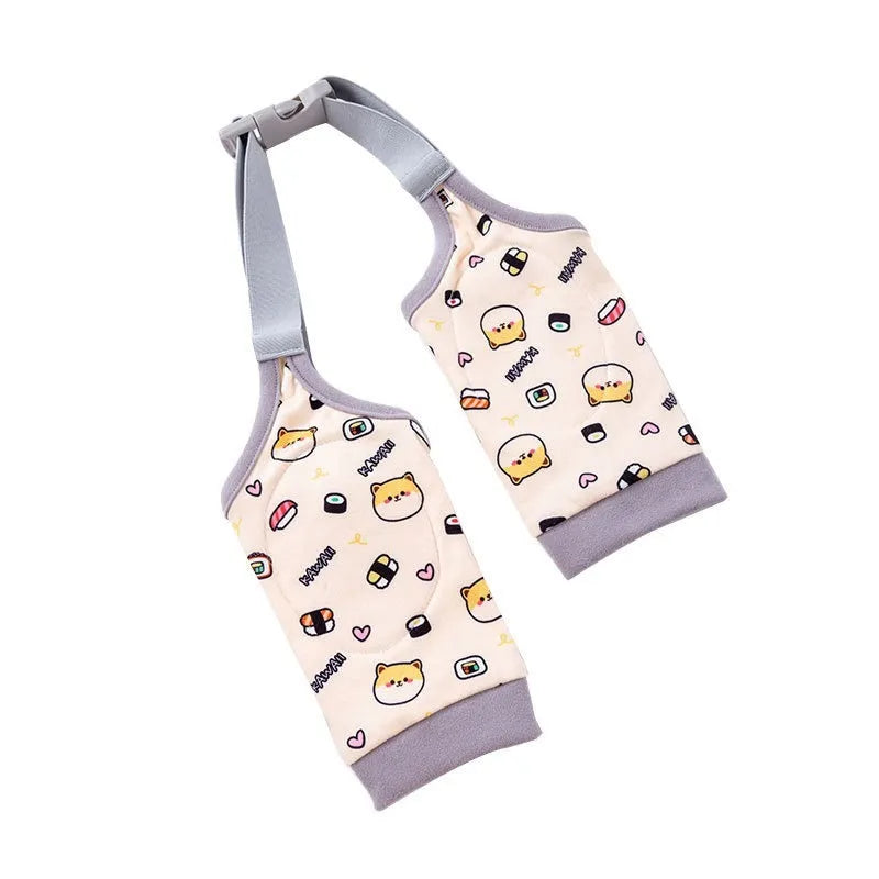 Adjustable dog elbow sleeve with plastic buckle and matching scarf in blue, grey, or yellow colours