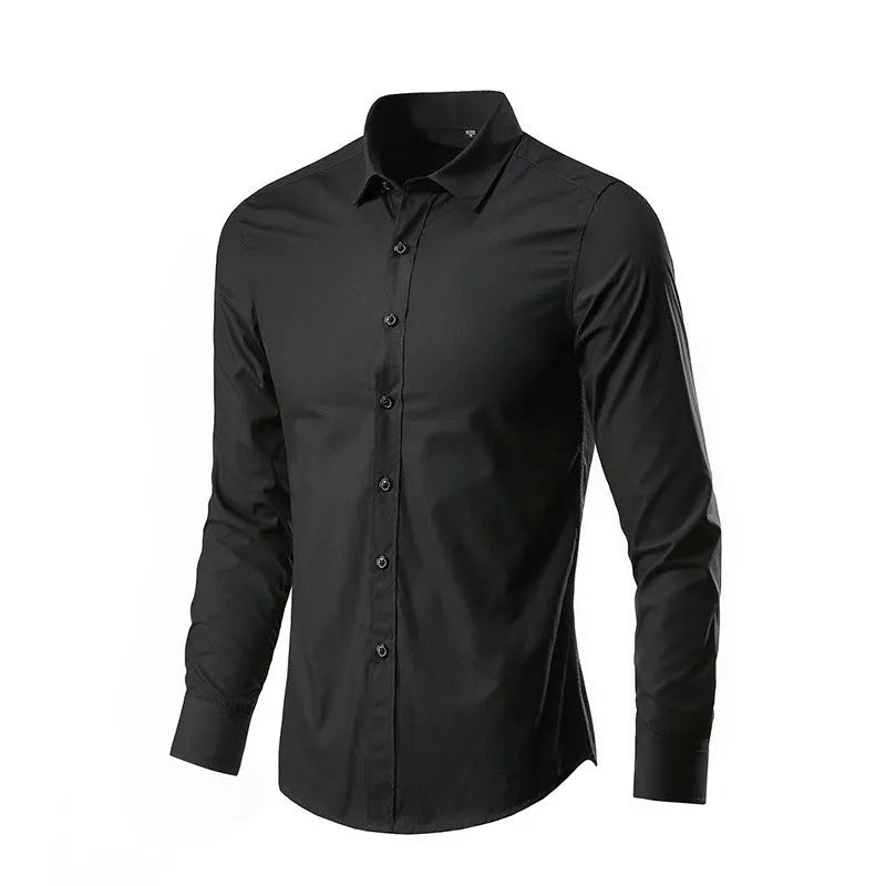 Men's loose-fit long-sleeve linen shirt in black, shown on a model.