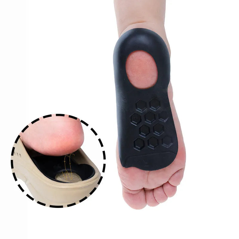 TPR arch support varus correction insoles in white, black, and skin colour showing size ranges 35-39 and 40-45.