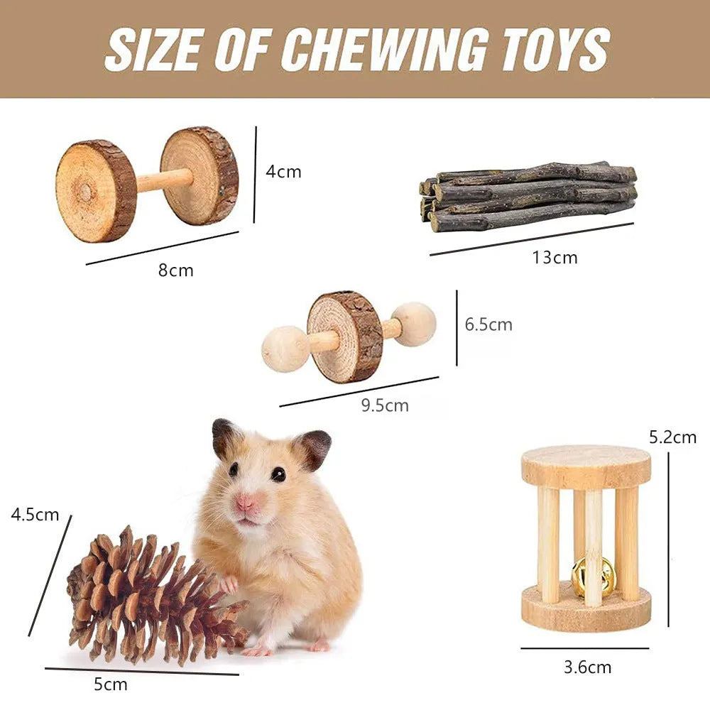 Assortment of wooden and natural material chewing toys for small pets including rabbits and guinea pigs