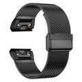 Stainless steel Garmin Fenix watch strap in silver, shown next to black, gold, and rose gold colour options.