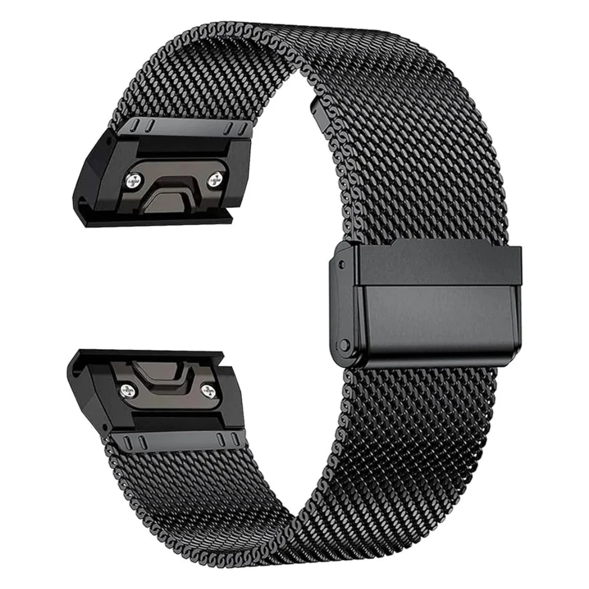 Stainless steel Garmin Fenix watch strap in silver, shown next to black, gold, and rose gold colour options.